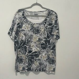 Short sleeve, black, gray, and yellow design of palm leaves. Size XXL length.26”